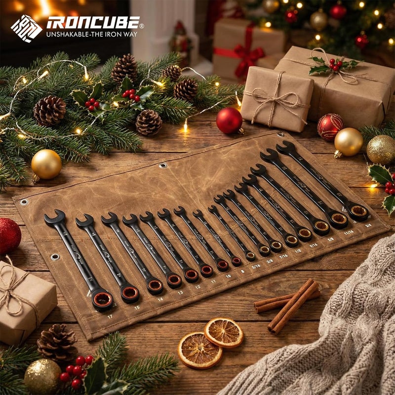 ironcube Ratcheting Wrench Set For Men: 16-Piece Metric & SAE - Black Chrome Vanadium - Including Water-Resistant Wax Canva Bag - for Automotive Repair - Image 2